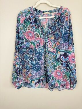 Soft Surroundings Top Womens XL Beaded Sheer Flowy Pink Blue Purple Boho Hippie